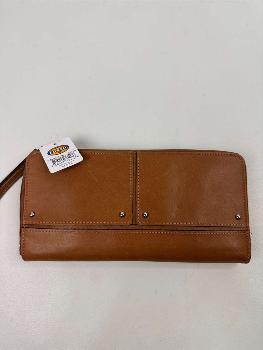 Fossil Saddle Travel Cognac Brown Leather Zip around Wristlet wallet New NWT